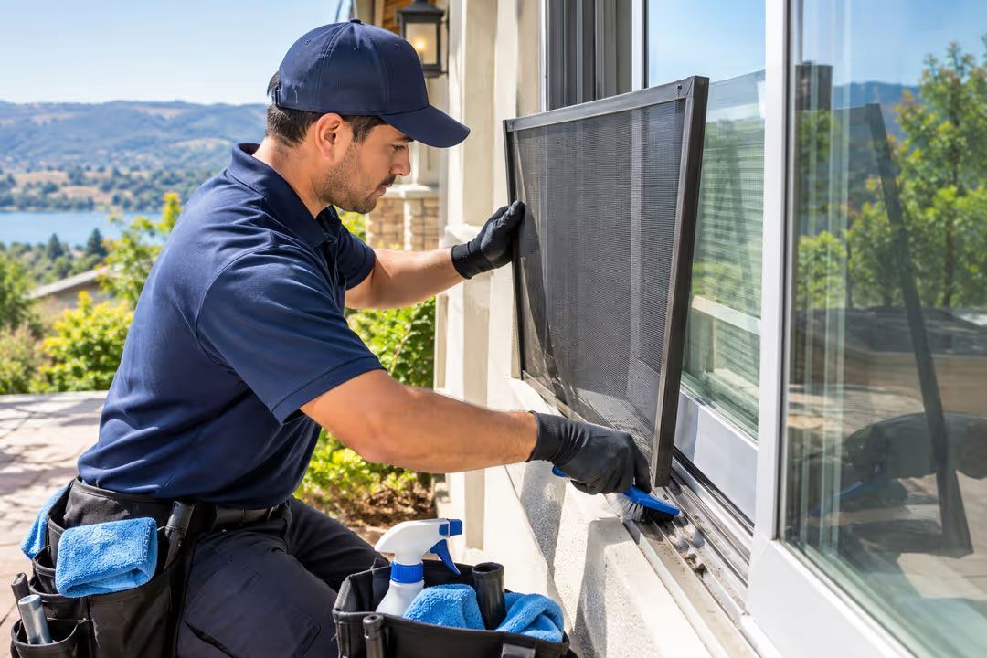 Window cleaner in navy uniform washing an exterior glass window on a balcony.