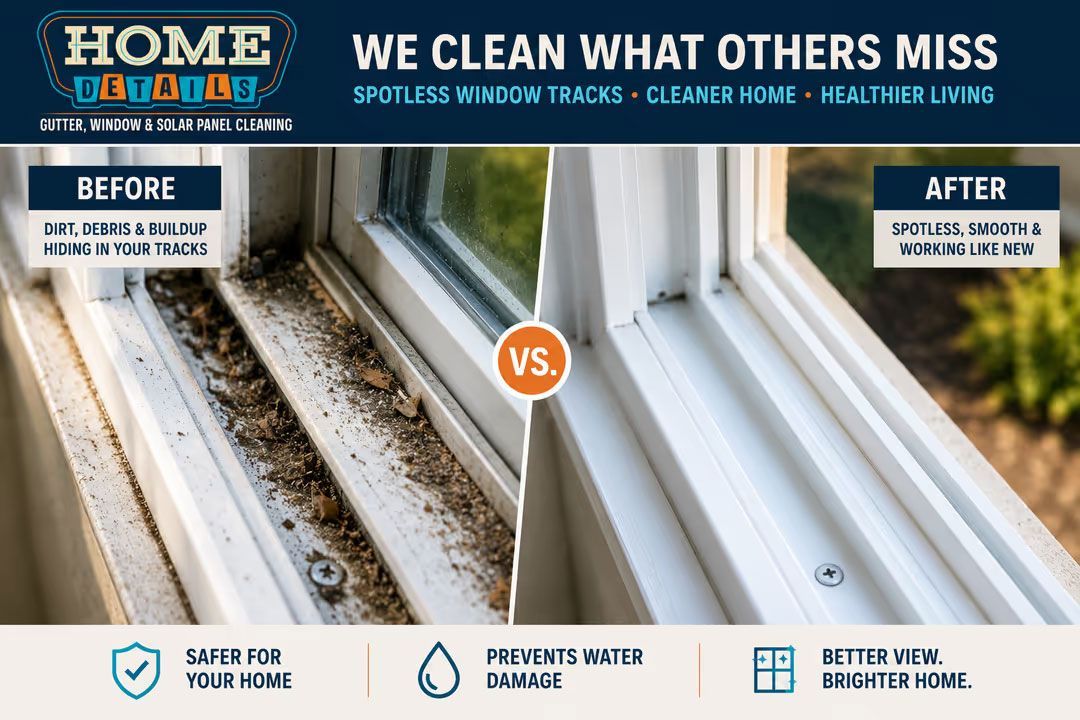 Before-and-after view of dirty and clean windowsills, with a cleaning service banner and logo.