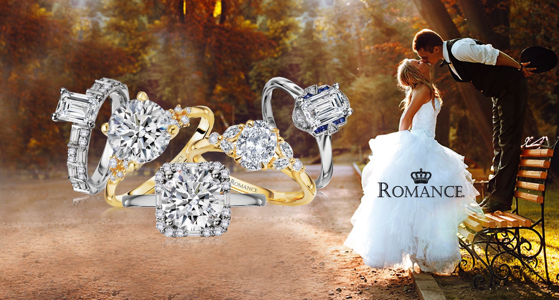 Diamond jewelry on a warm outdoor backdrop, with a white bag labeled “ROMANCE” near a couple embracing.