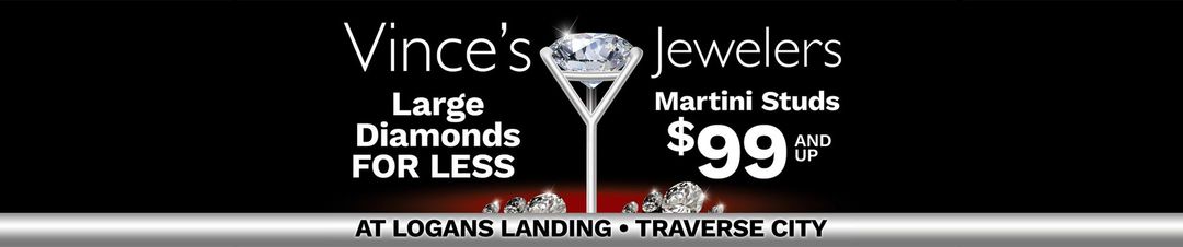 The banner of Vince's Jewelers features large diamonds for less