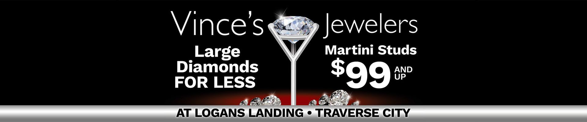 The banner of Vince's Jewelers features large diamonds for less