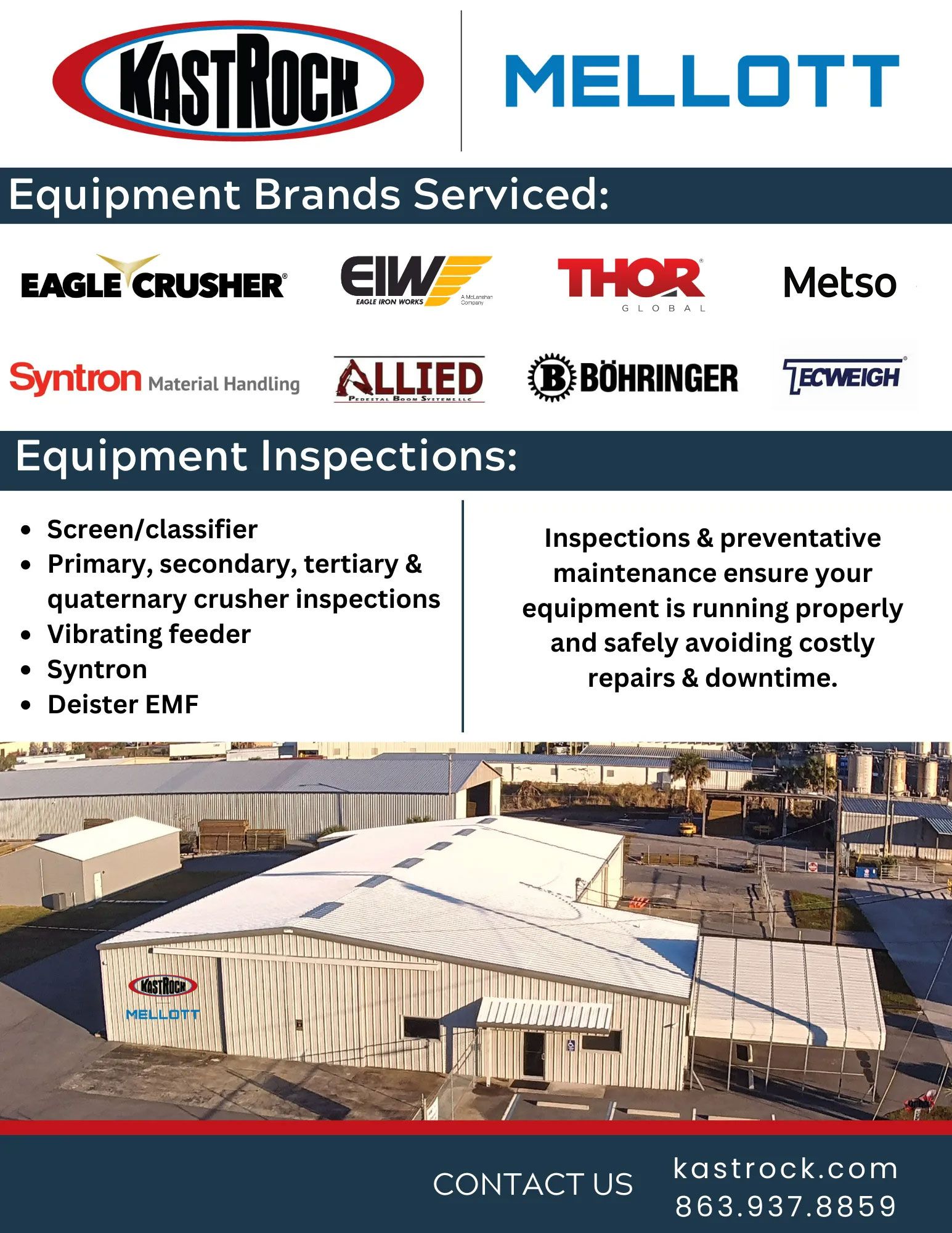 Mellott/KastRock industrial services flyer with equipment brands and a mine processing plant photo