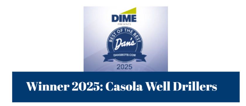 Blue award graphic reading “Winner 2025: Casola Well Drillers” with DIME logo and medallion badge