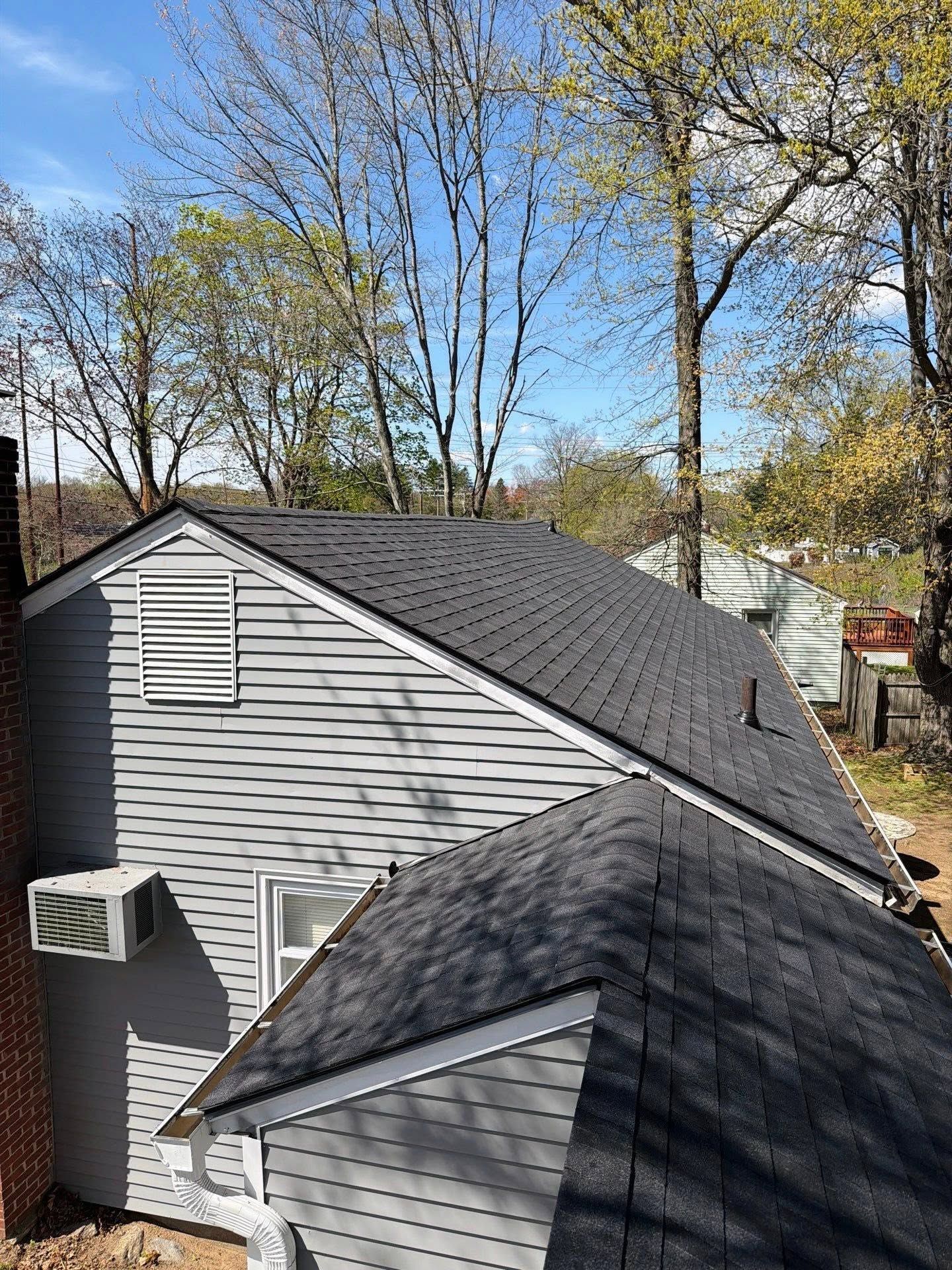 Gray house roofs with black shingles and white siding under tall leafless trees on a sunny day
