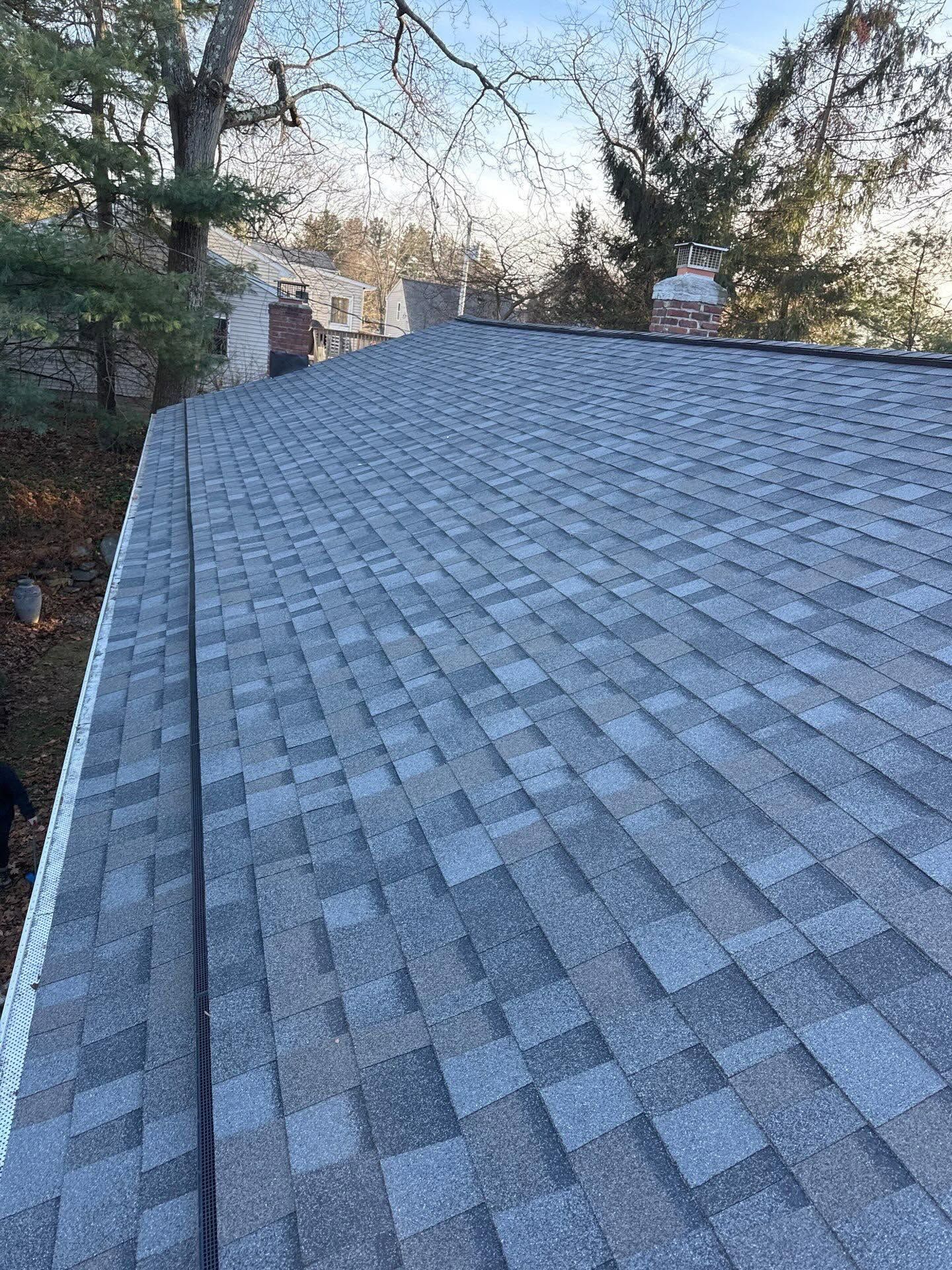 Gray shingled roof with trees in the background, viewed from above