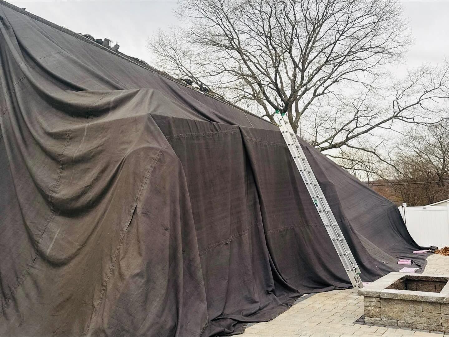 Large black tarp covering a sloped structure outdoors beside bare trees and stone steps