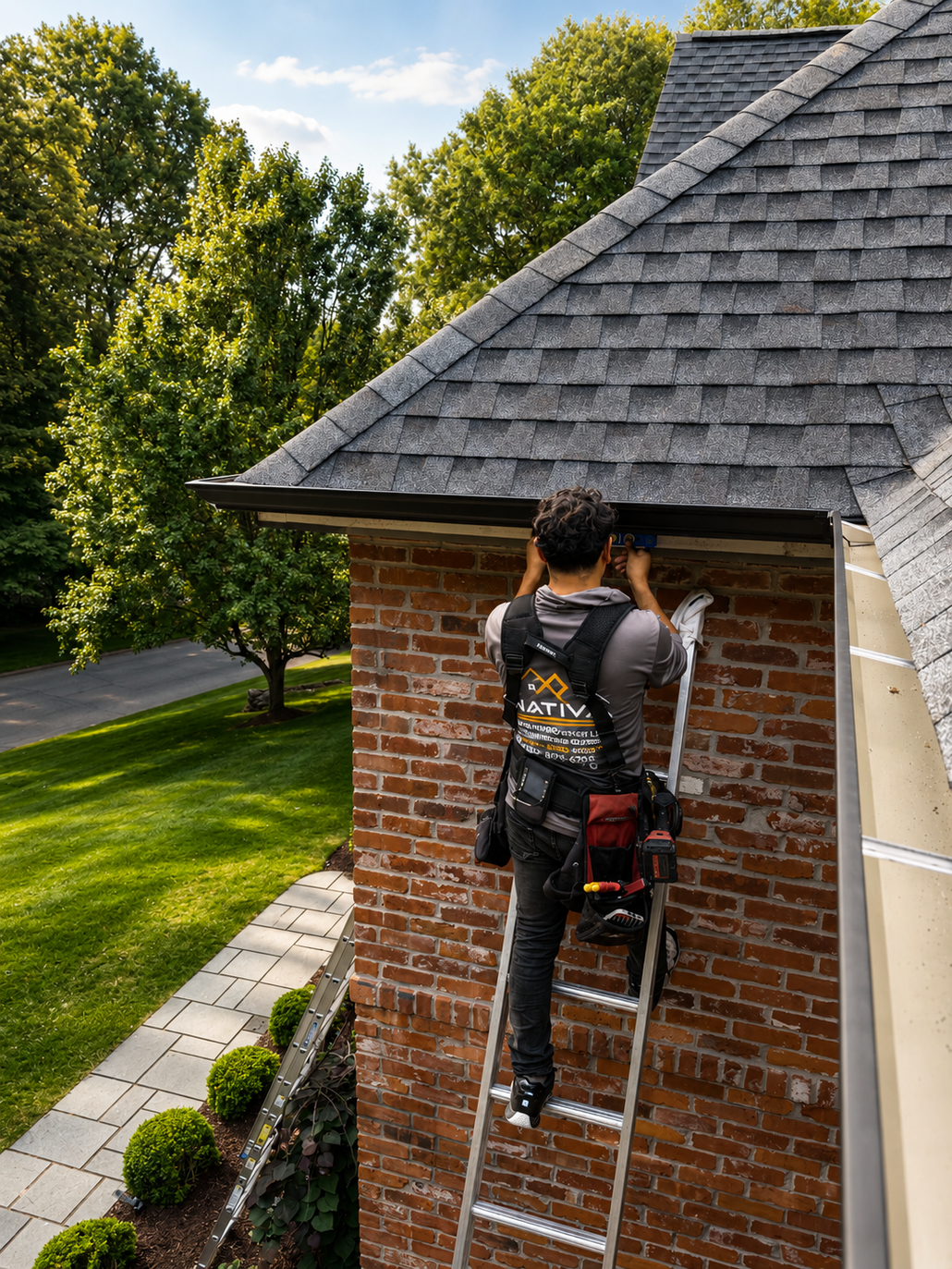 Worker on a ladder painting a brick wall beside a house with a gray shingle roof.