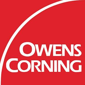 Owens Corning logo in white on a red background with a curved white arc