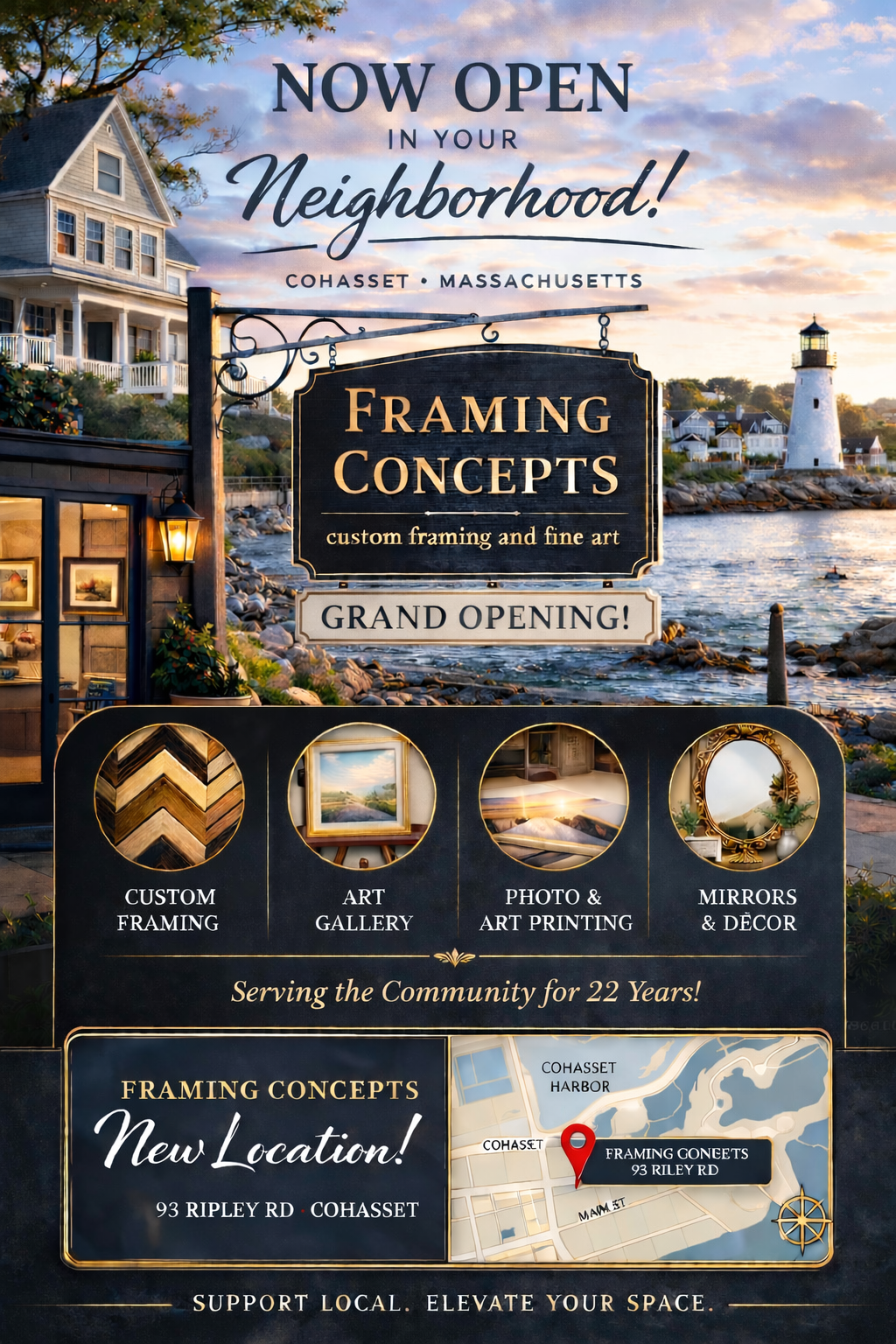 Announcement for the grand opening of Framing Concepts in Cohasset, MA, featuring store services and a location map.