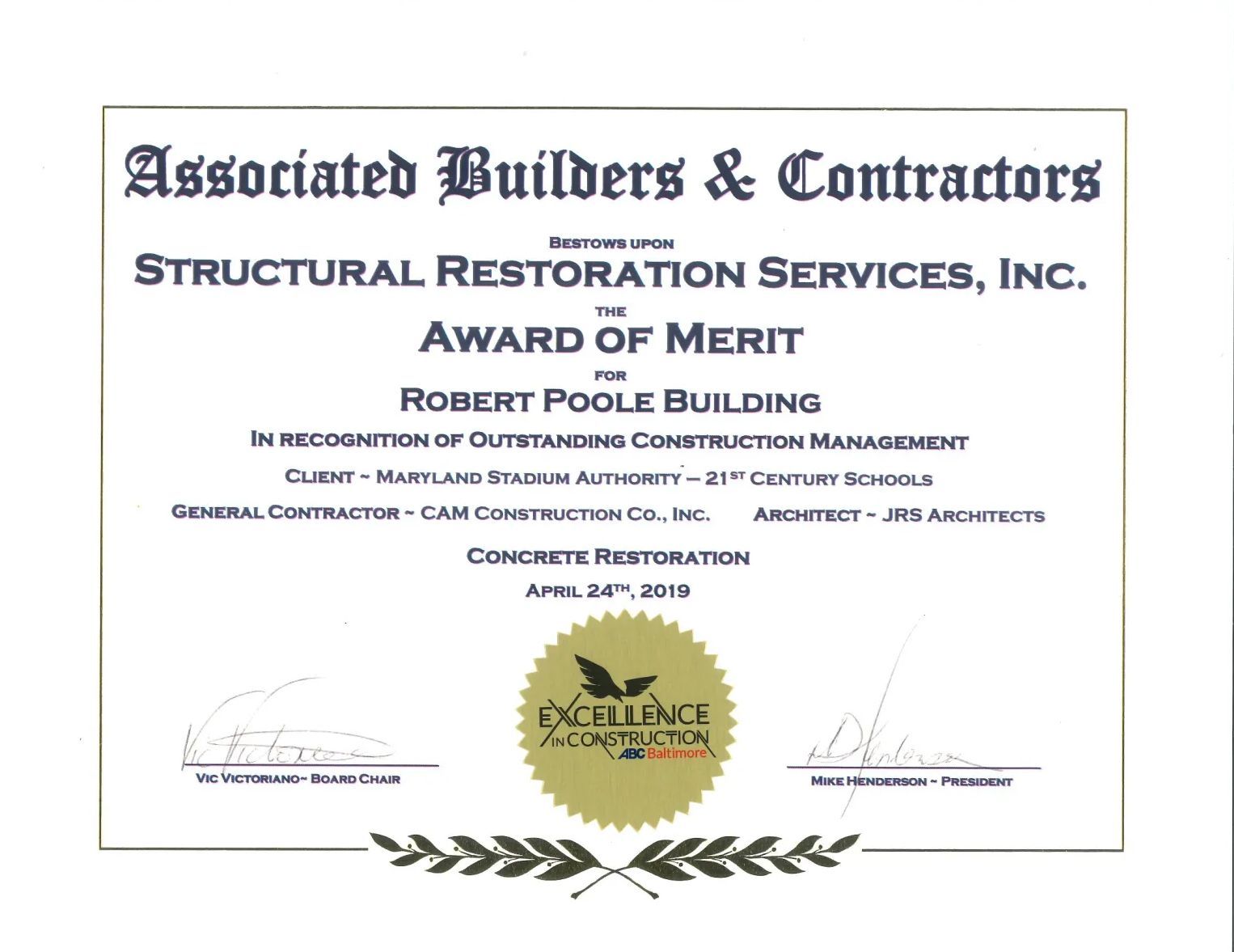 A certificate from associated builders & contractors structural restoration services , inc.