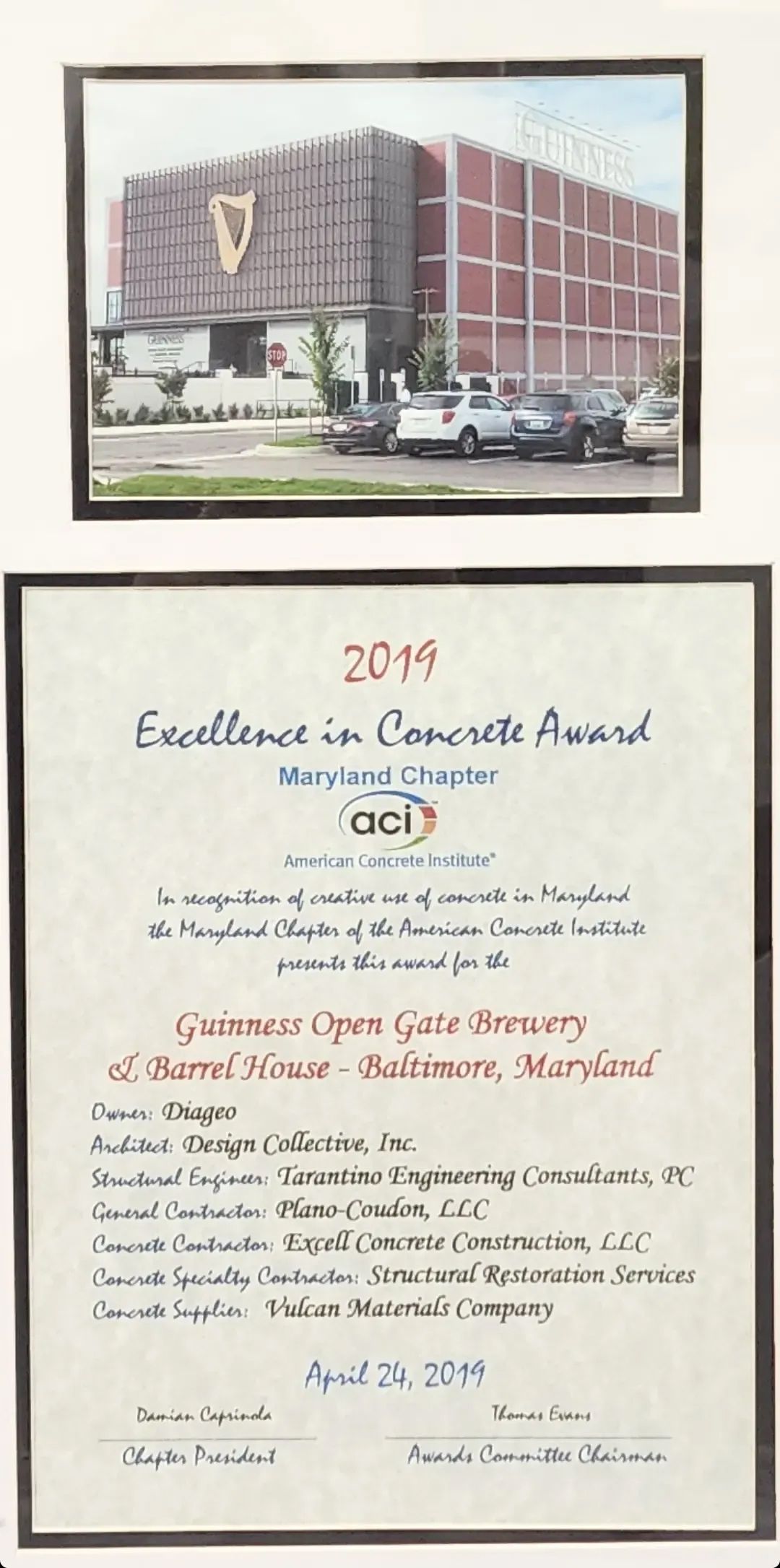 A framed certificate that says excellence in community award