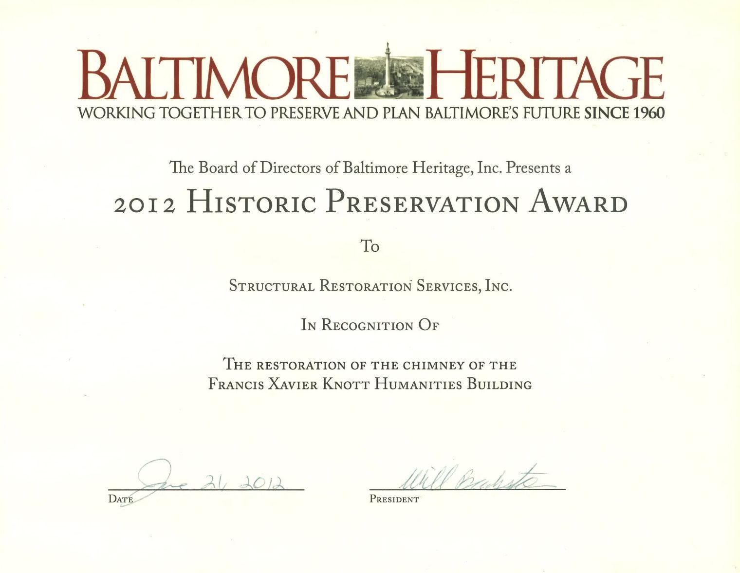 Baltimore heritage presents a 2012 historic preservation award