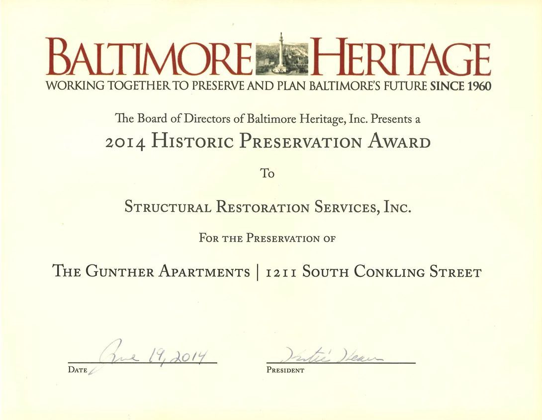 A certificate that says baltimore heritage on it