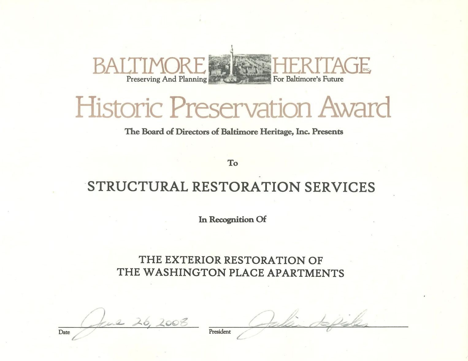 Baltimore heritage historic preservation award to structural restoration services