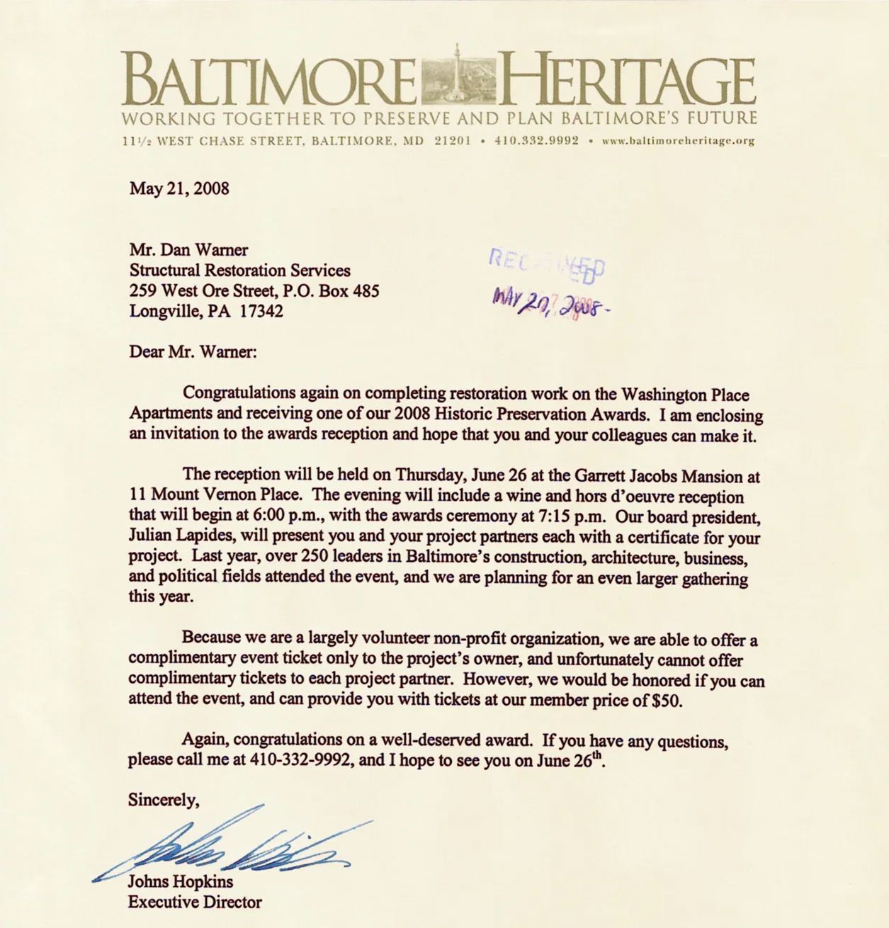 A letter from baltimore heritage dated may 21 2008