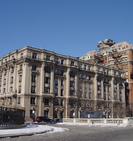 A large building with a red light in front of it