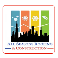 Logo for All Seasons Roofing & Construction: Chicago skyline silhouette with colorful seasonal background.