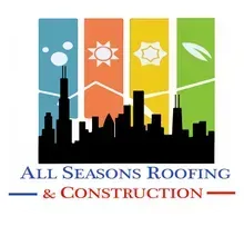 Logo for All Seasons Roofing & Construction: Chicago skyline silhouette with colorful panels above; company name below.