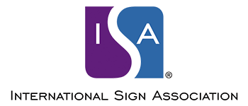 A blue and purple logo for the international sign association
