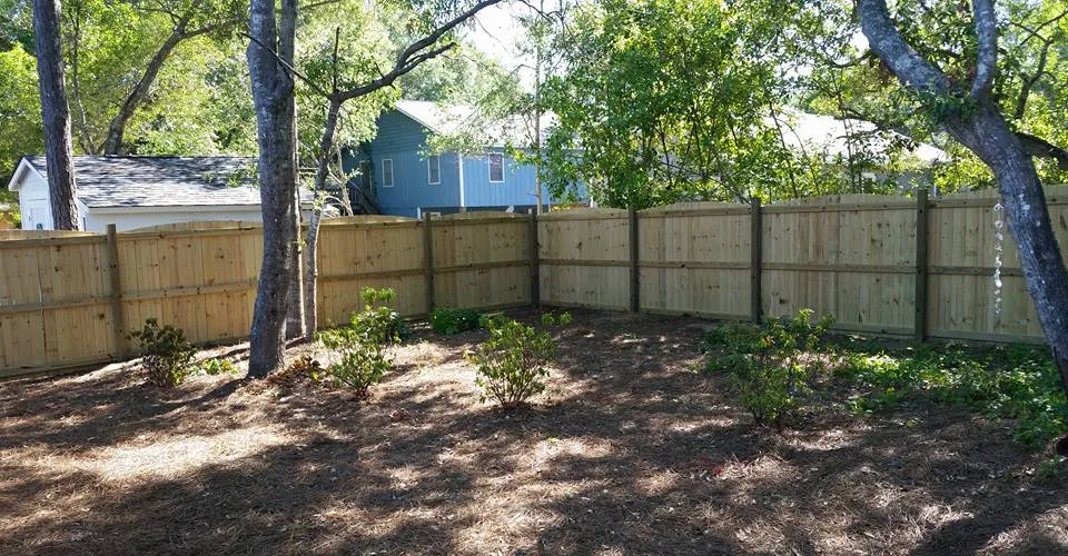 A wooden fence is surrounded by trees in a backyard.