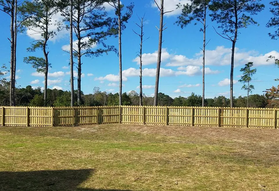 A wooden fence surrounds a grassy field with trees in the background.