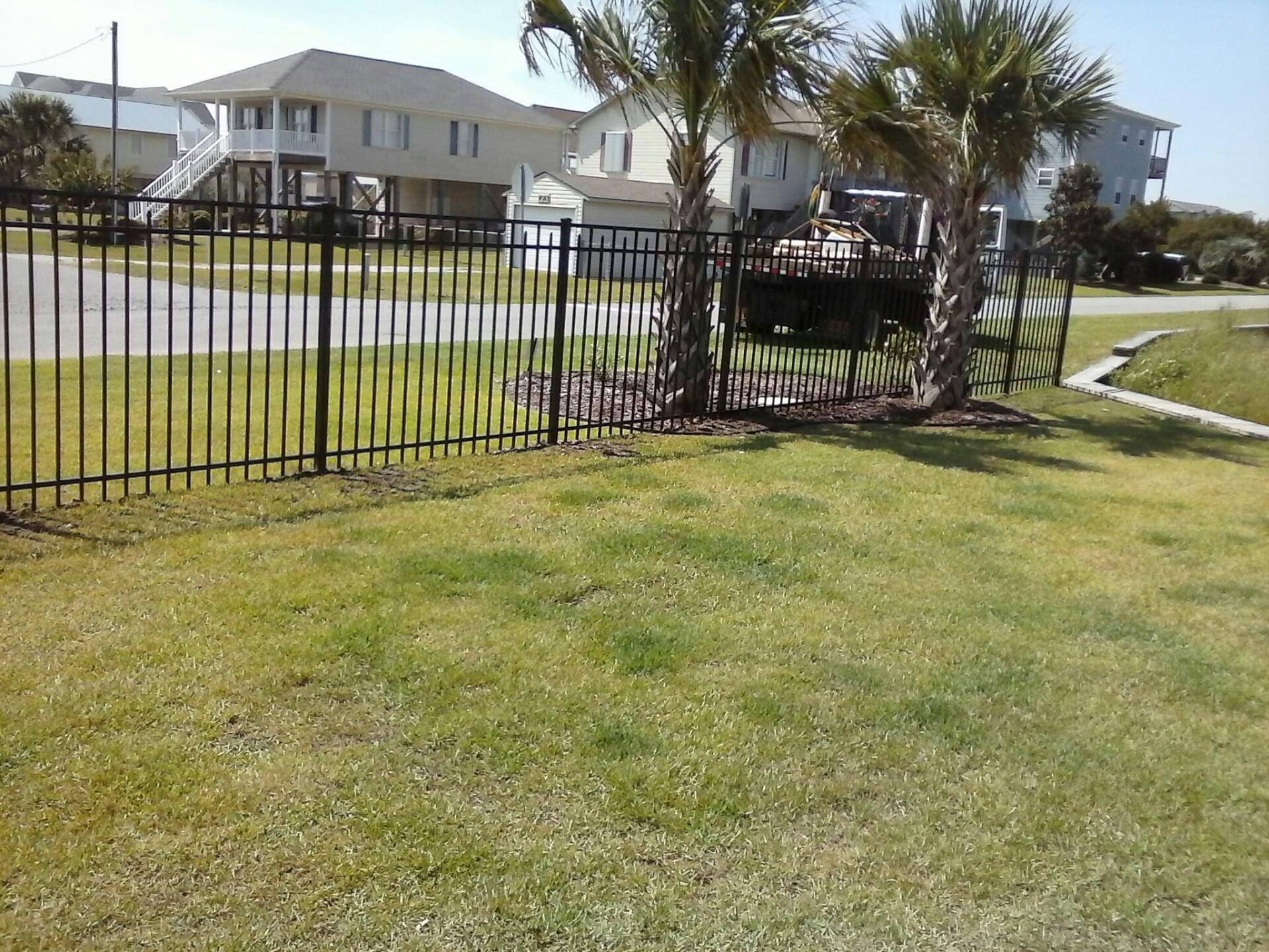 A black metal fence surrounds a lush green lawn