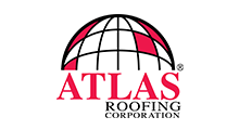 Logo for Atlas Roofing Corporation, featuring a globe icon with red segments above the company name in red and black text.