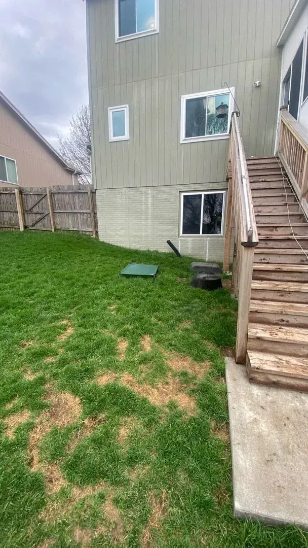 A backyard view showing a light green house with stairs leading to an upper level, a concrete foundation, and a grassy lawn.