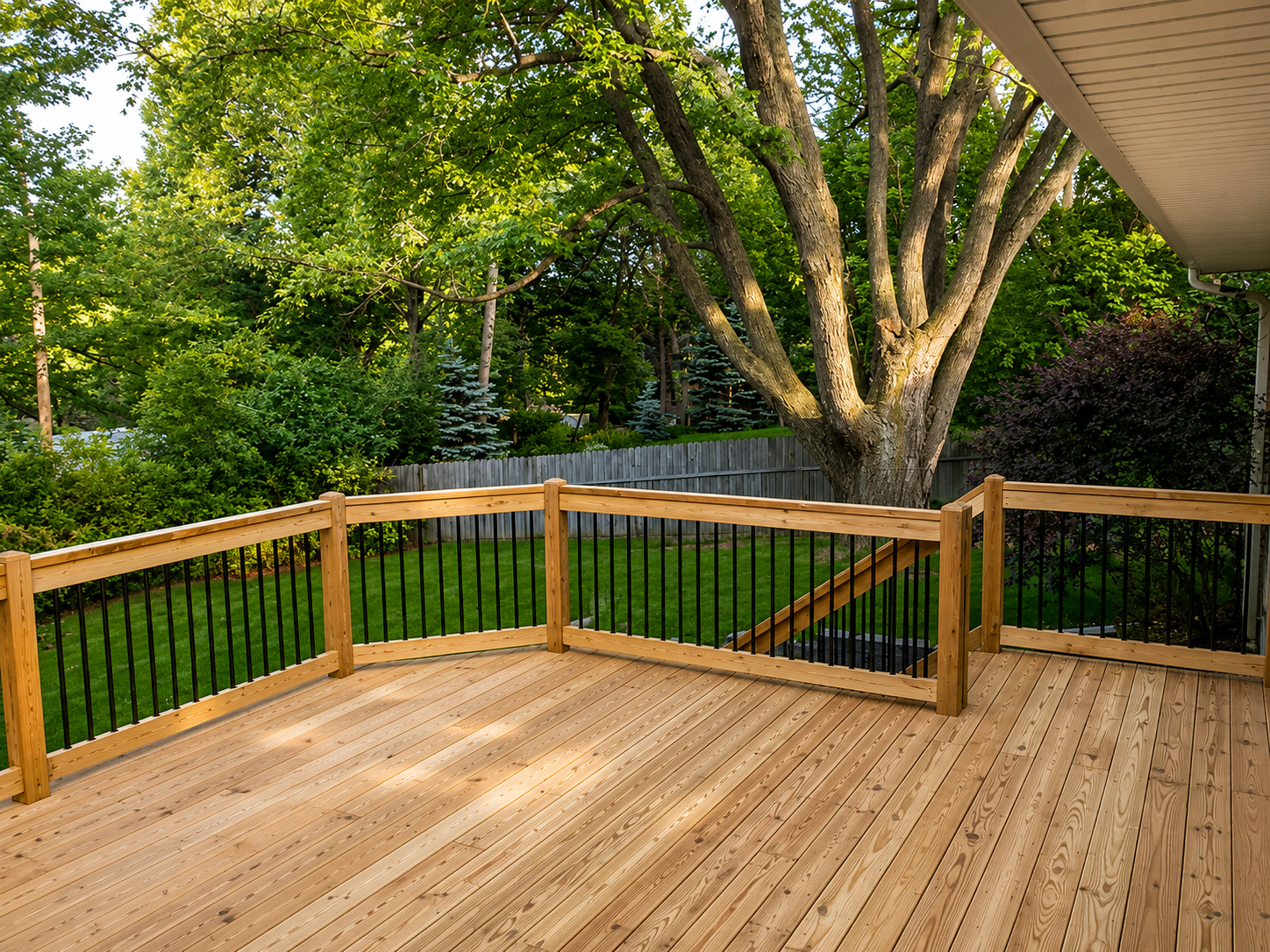 Wooden deck with railings overlooking a leafy backyard and large trees