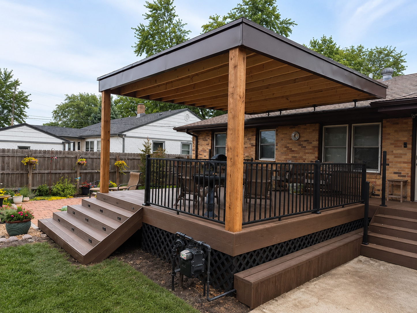 Covered wooden backyard deck with steps, railing, and pergola-style roof beside a house