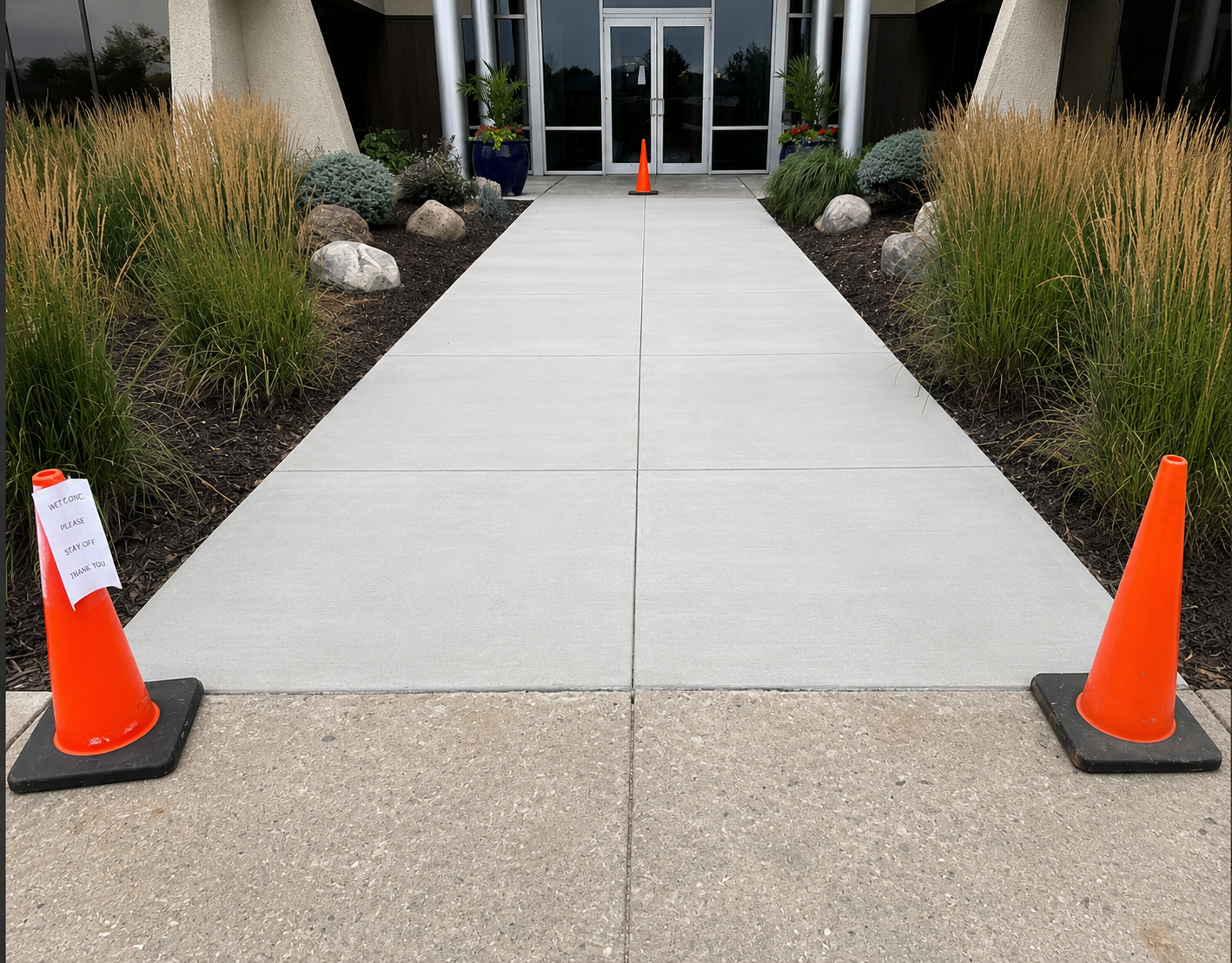 Concrete walkway to a building entrance, lined with orange cones and flanked by tall grasses and rocks.