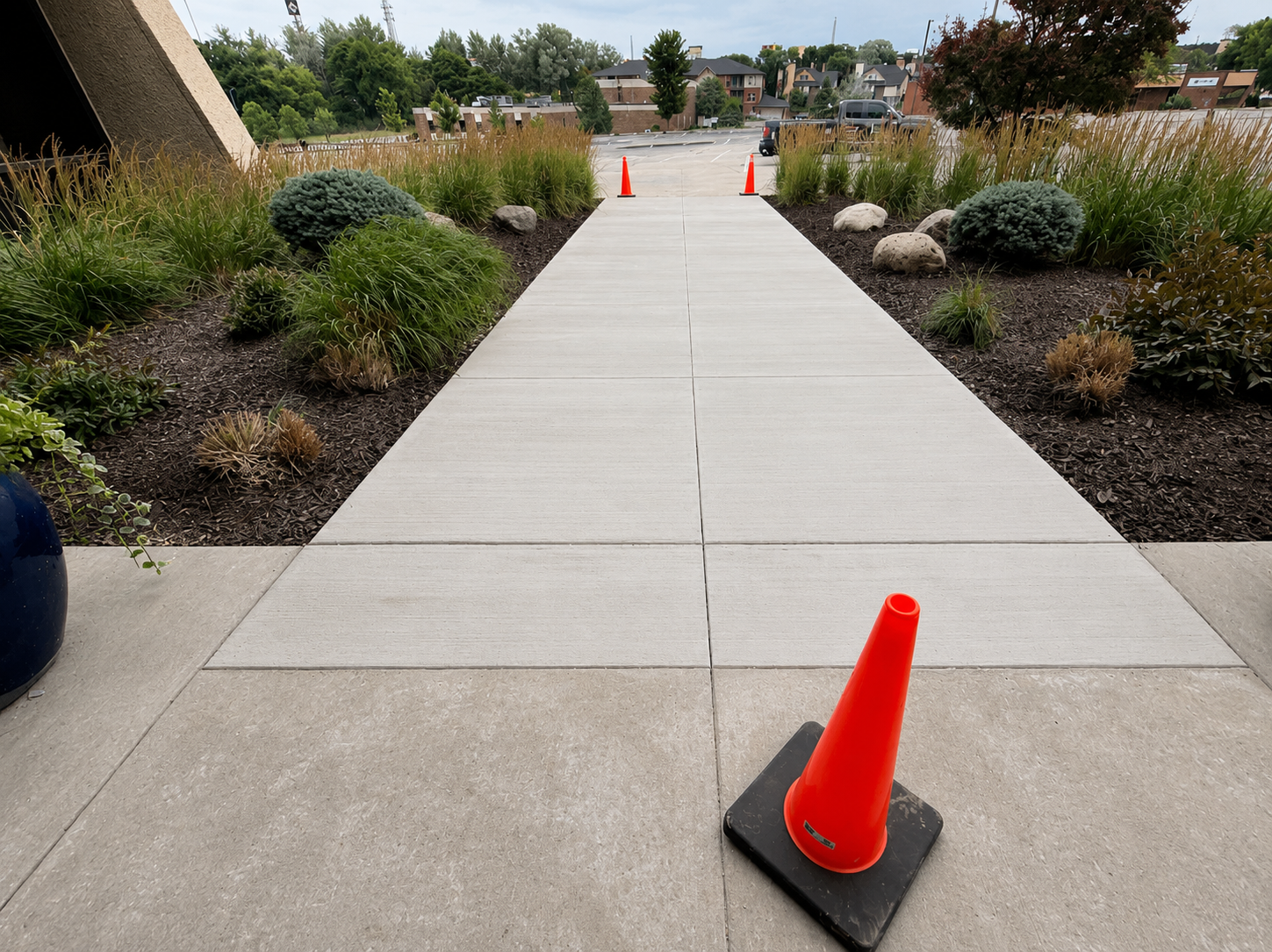 Concrete walkway lined with orange cones through landscaped garden beds