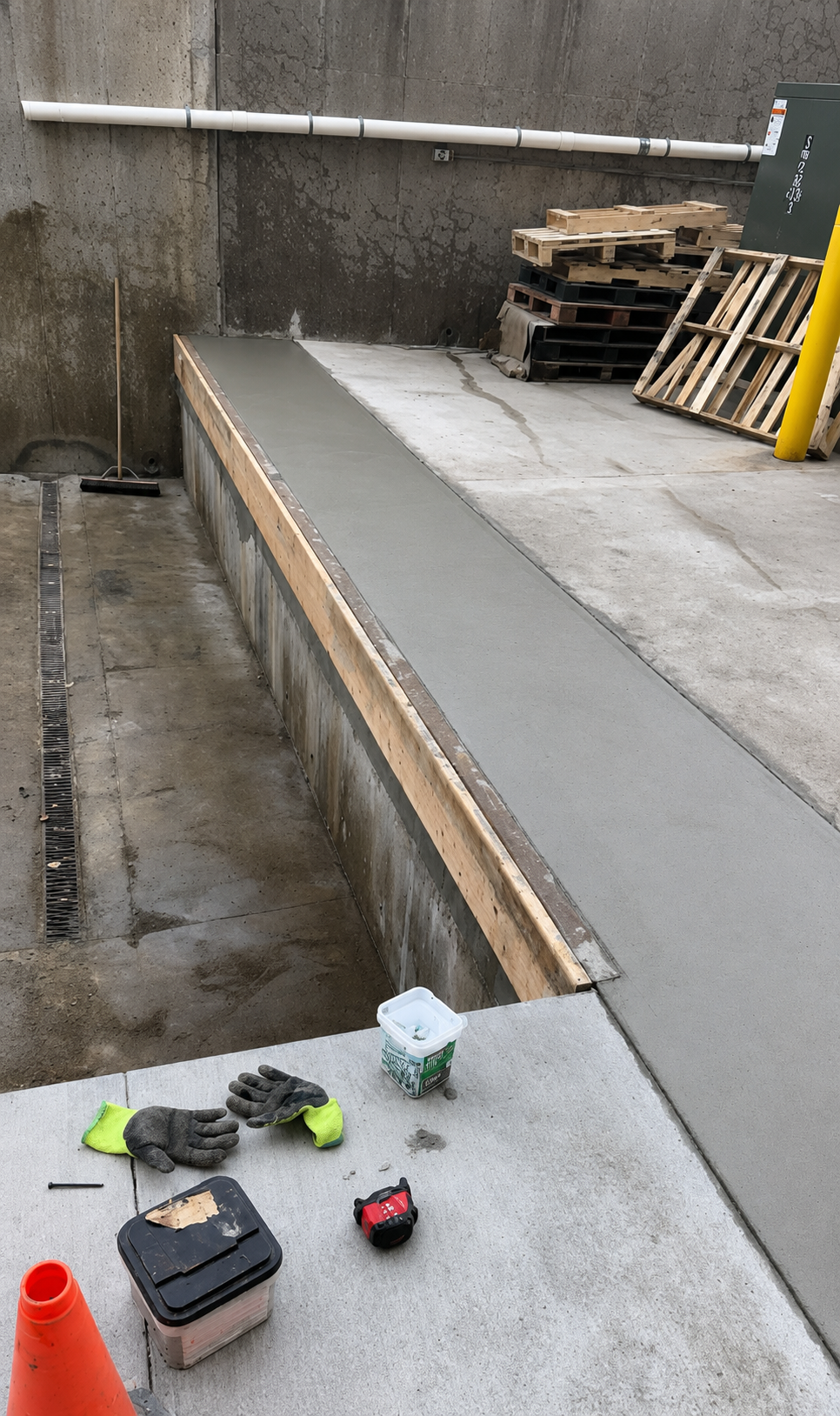 Construction site with concrete trench, tools on ground, and stacked pallets along a wall