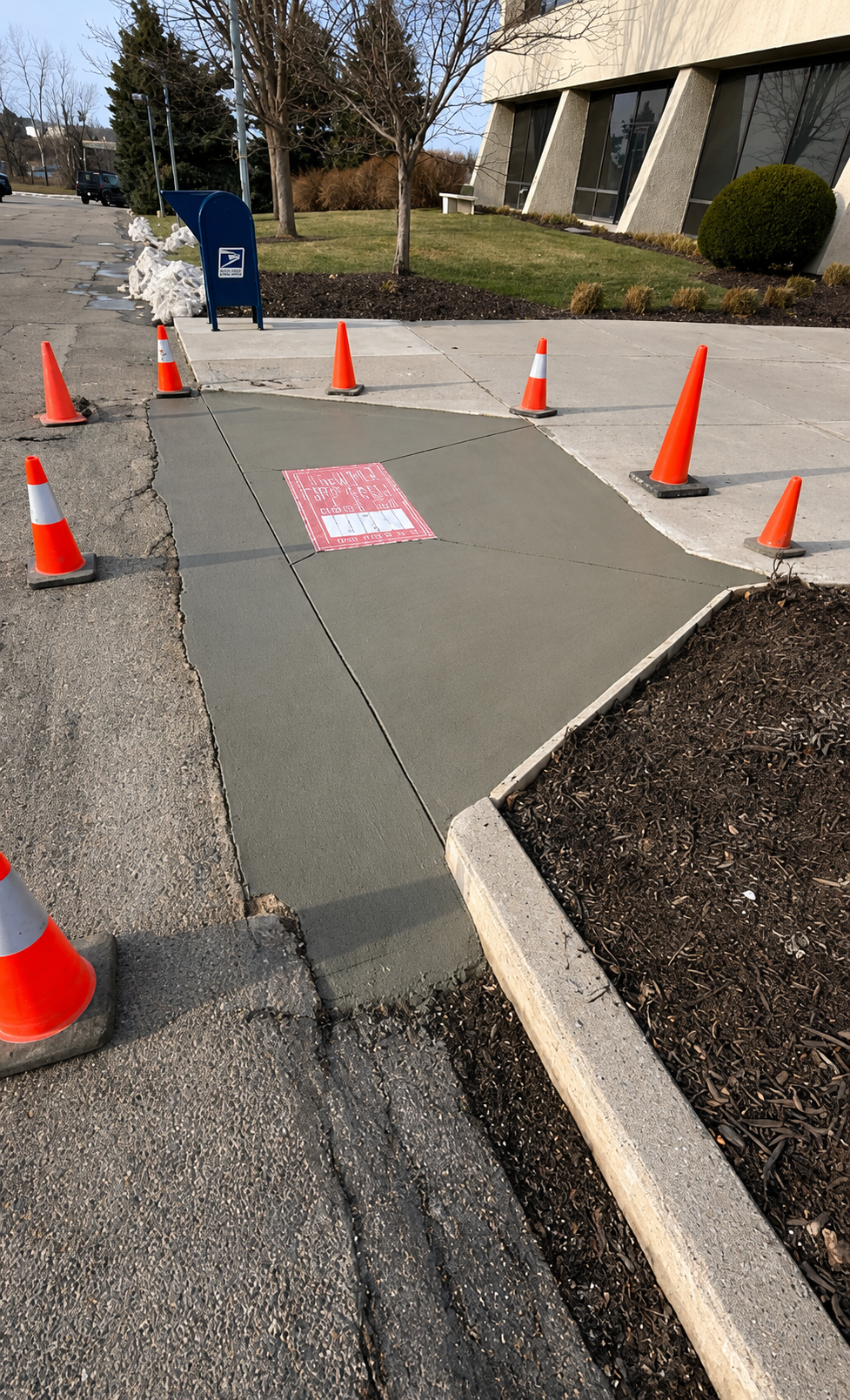 Orange cones block a cracked sidewalk path near a building, with a blue mailbox and curbside landscaping.