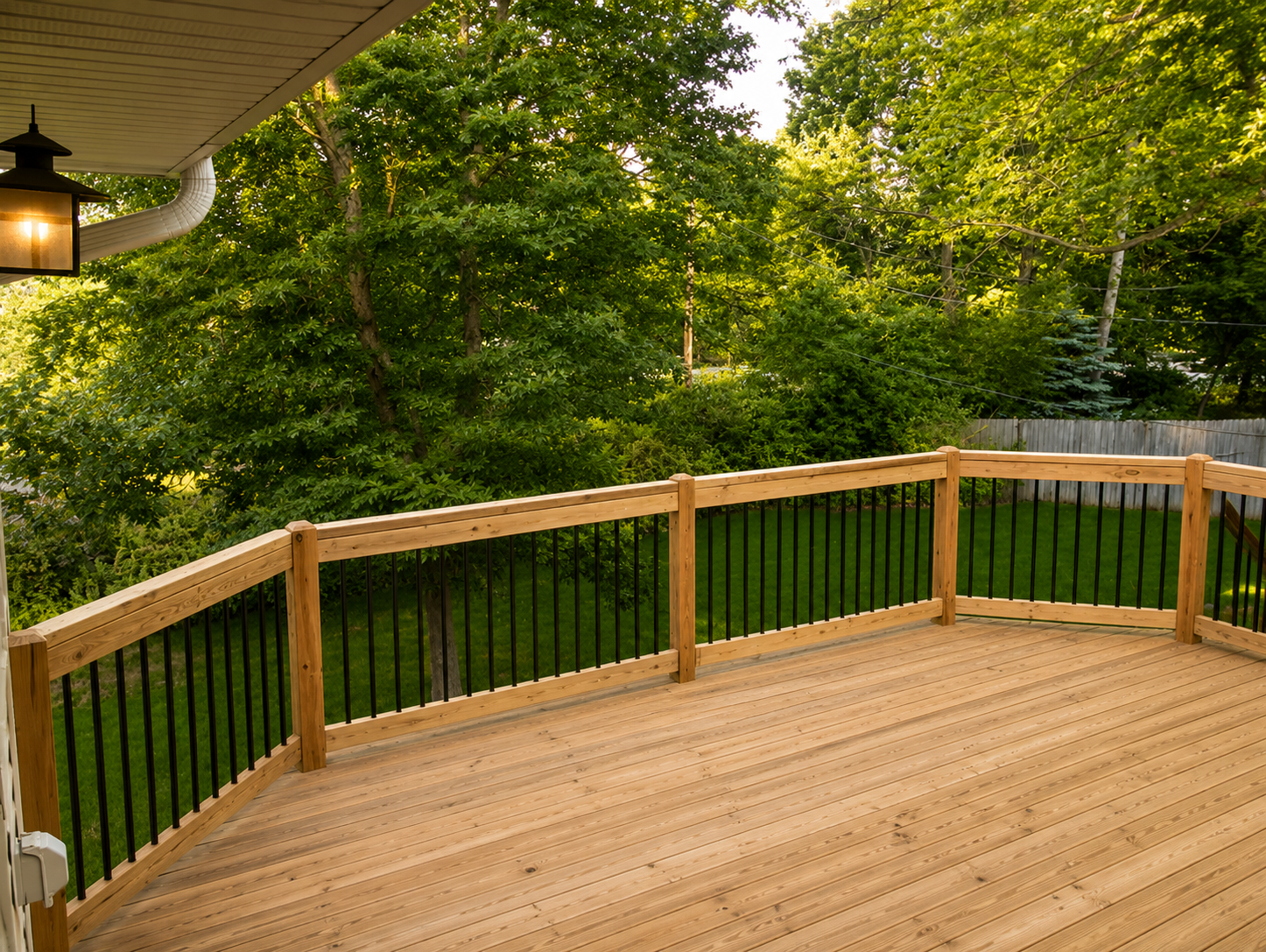 Wooden deck with railing overlooking lush green trees in a backyard