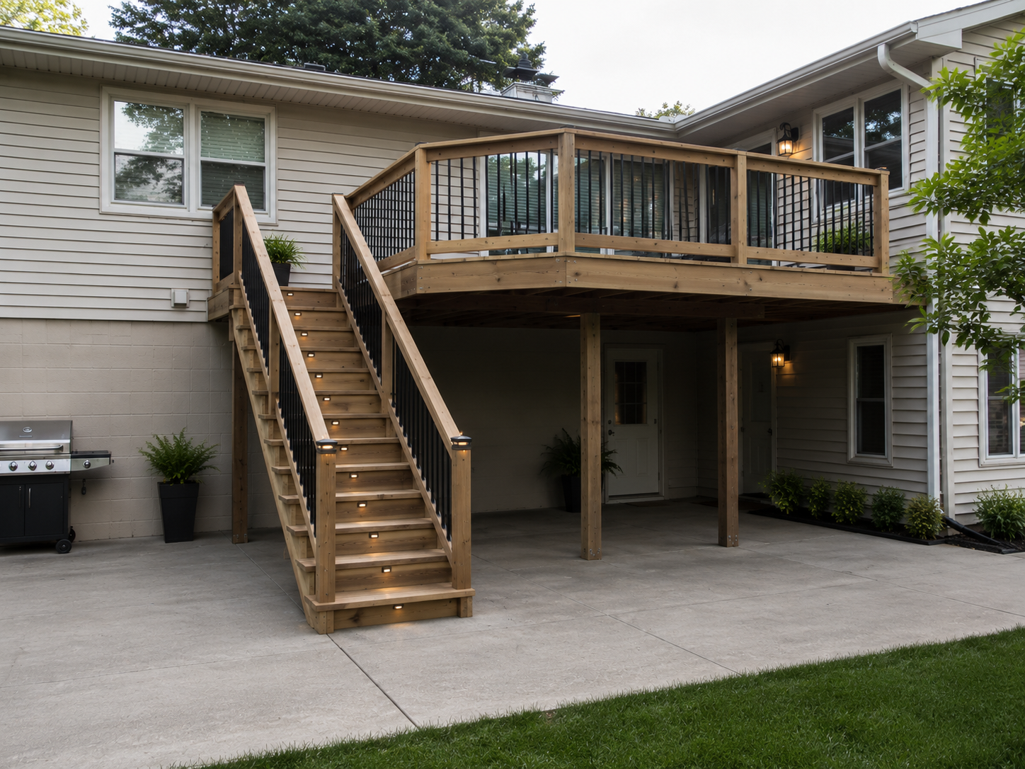 Backyard deck with stairs and a covered patio attached to a beige house