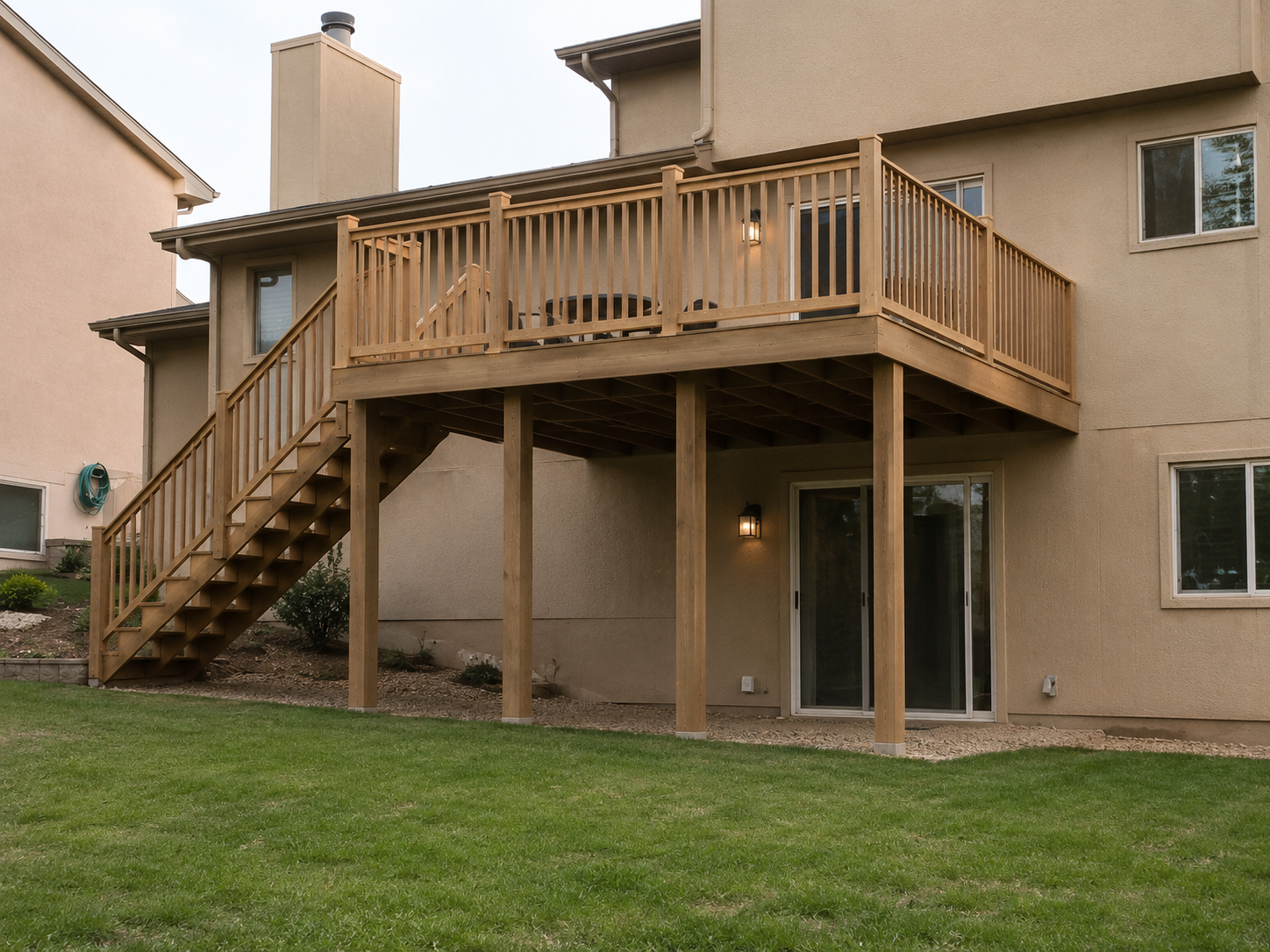 Backyard wooden deck and stairs attached to a beige two-story house