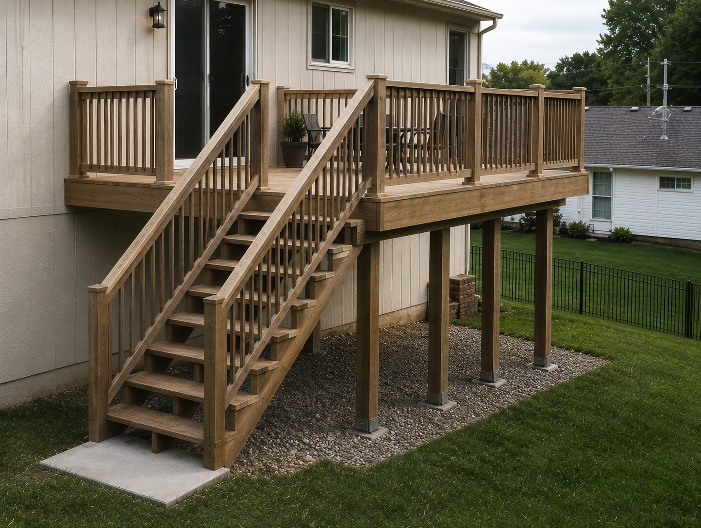 Wooden deck staircase with railings beside a beige house, raised on posts over gravel
