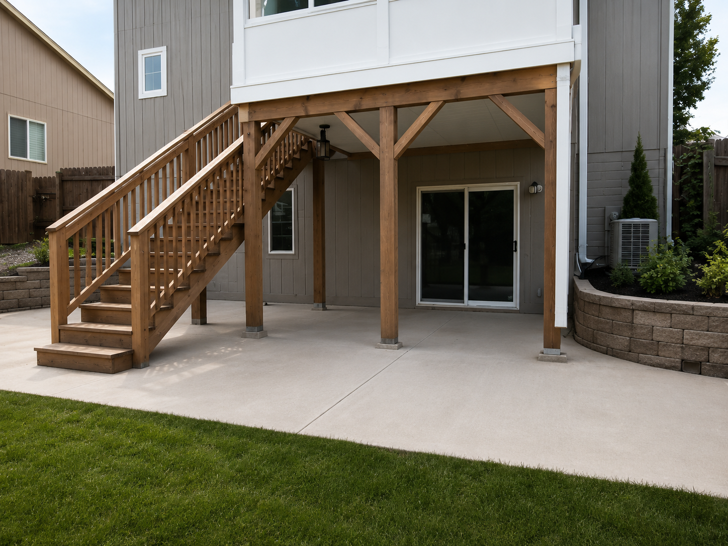 Wooden deck stairs and support posts beside a sliding glass door on a beige house with a concrete patio.