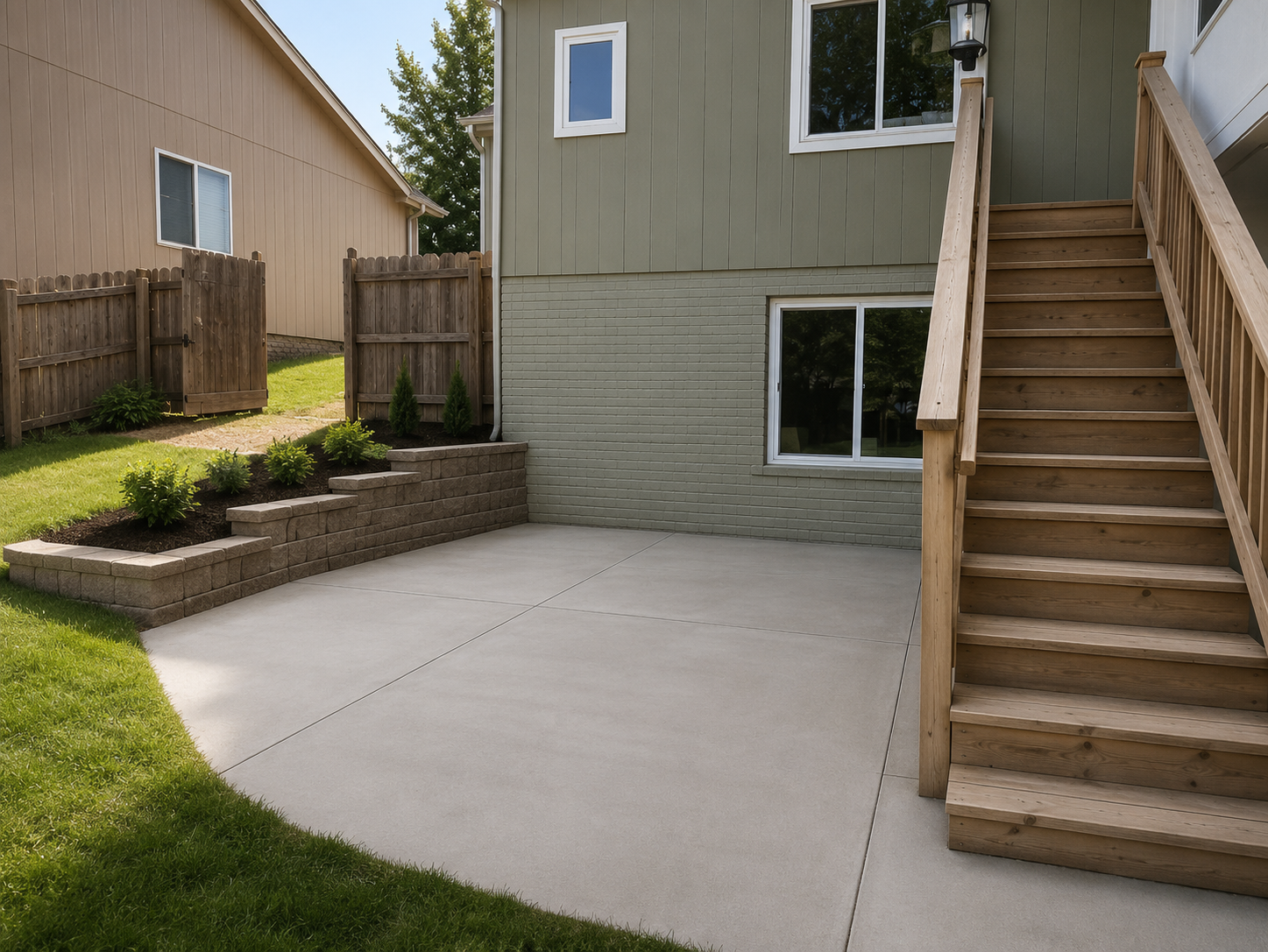 Backyard concrete patio beside house with wooden stairs, retaining wall, and small landscaped bed