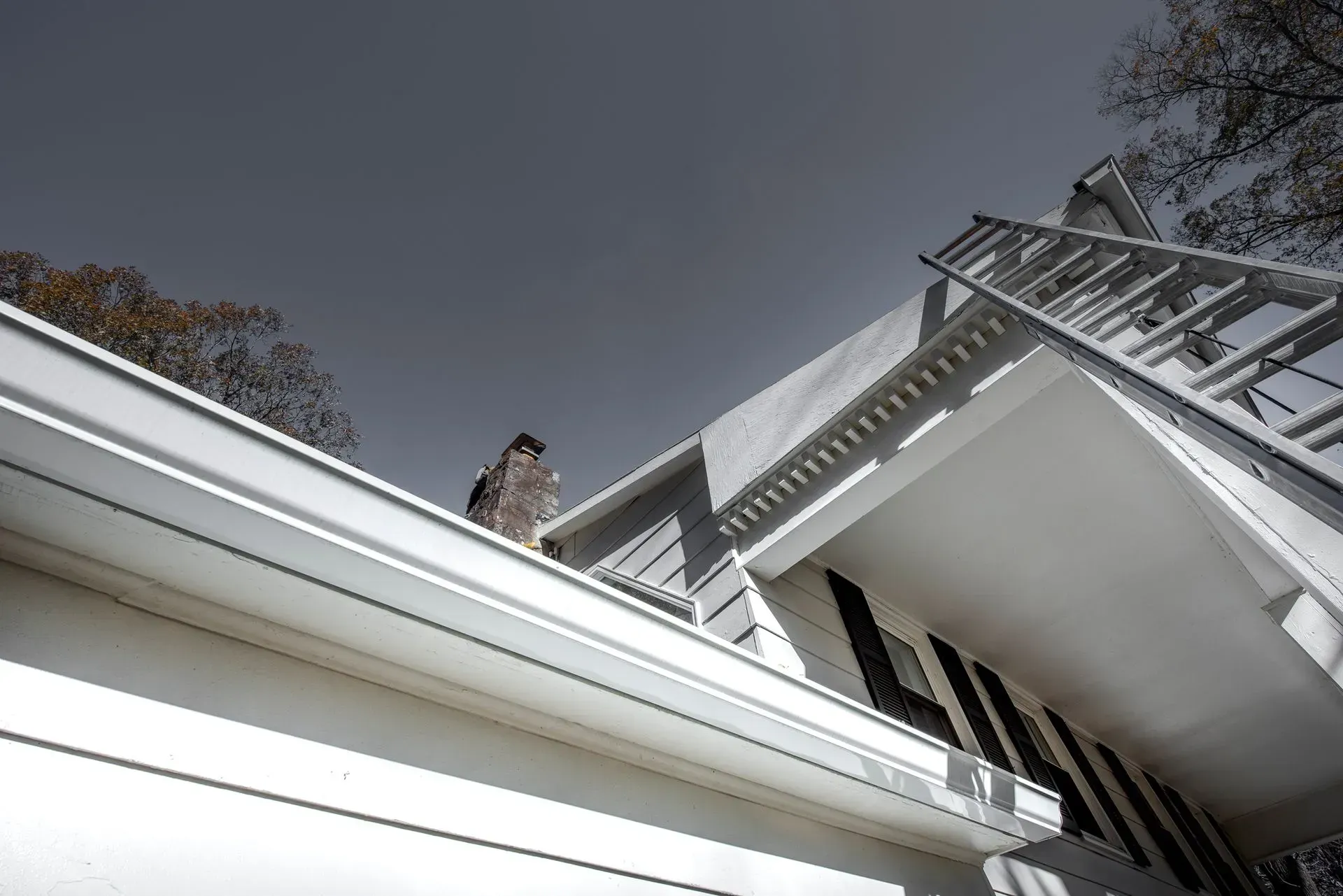 An extension ladder leans against the side of a two-story white house with dark shutters and gutters.