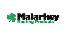 The Malarkey Roofing Products logo, featuring a green shamrock icon next to black text and smaller green text below.