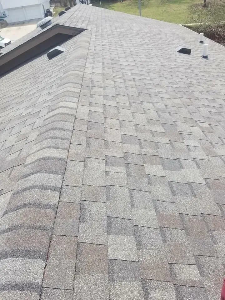 A high-angle view of a grey, asphalt-shingled roof with several vents and a chimney visible against a suburban backdrop.