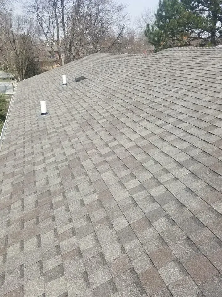 An angled view of a textured, grey asphalt shingle roof with two white ventilation pipes protruding from the surface.