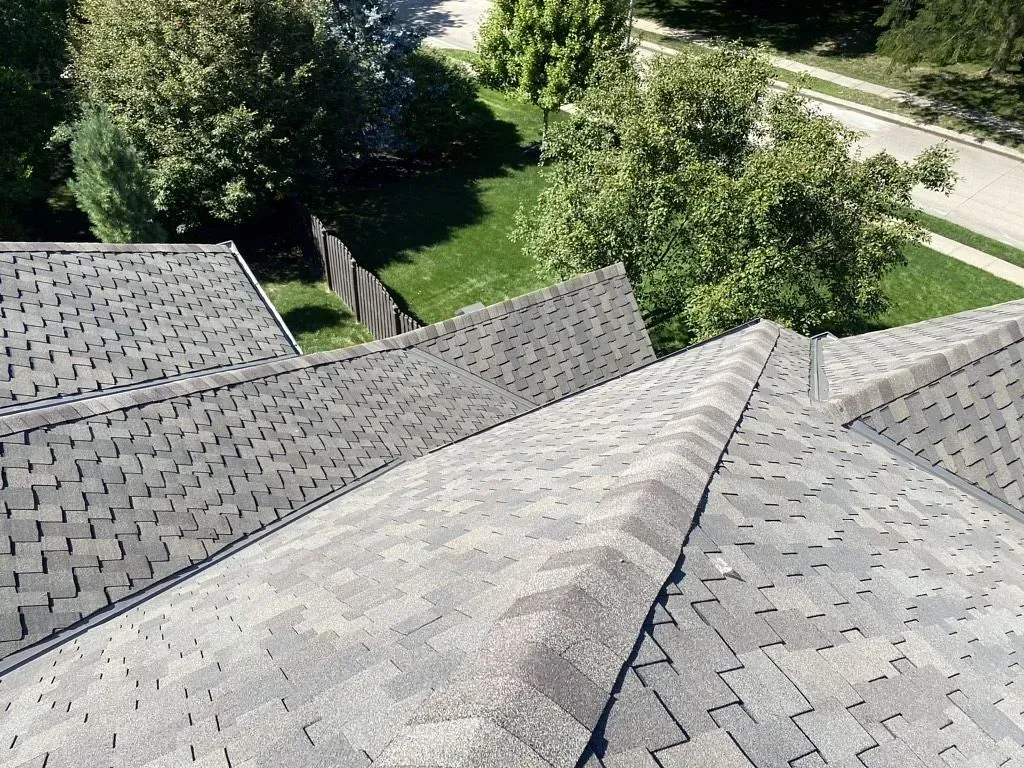 A high-angle view of a gray asphalt shingle roof on a sunny day with trees and a yard visible in the background.