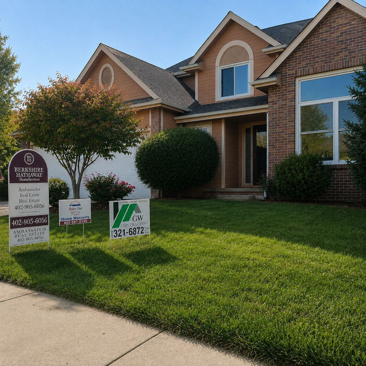 Brick house with blue windows, lawn signs, and a manicured front yard by the sidewalk