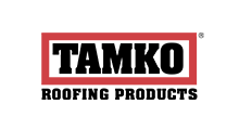 The logo for TAMKO Roofing Products featuring the company name in black text within a red rectangle on a white background.