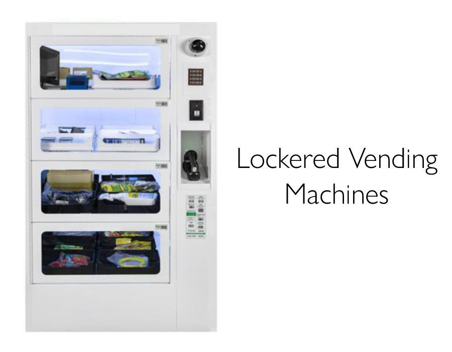 Lockered vending machine with multiple product compartments and small payment panel on the right