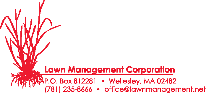 Logo of Lawn Management Corporation with red grass graphic, text, and contact information.