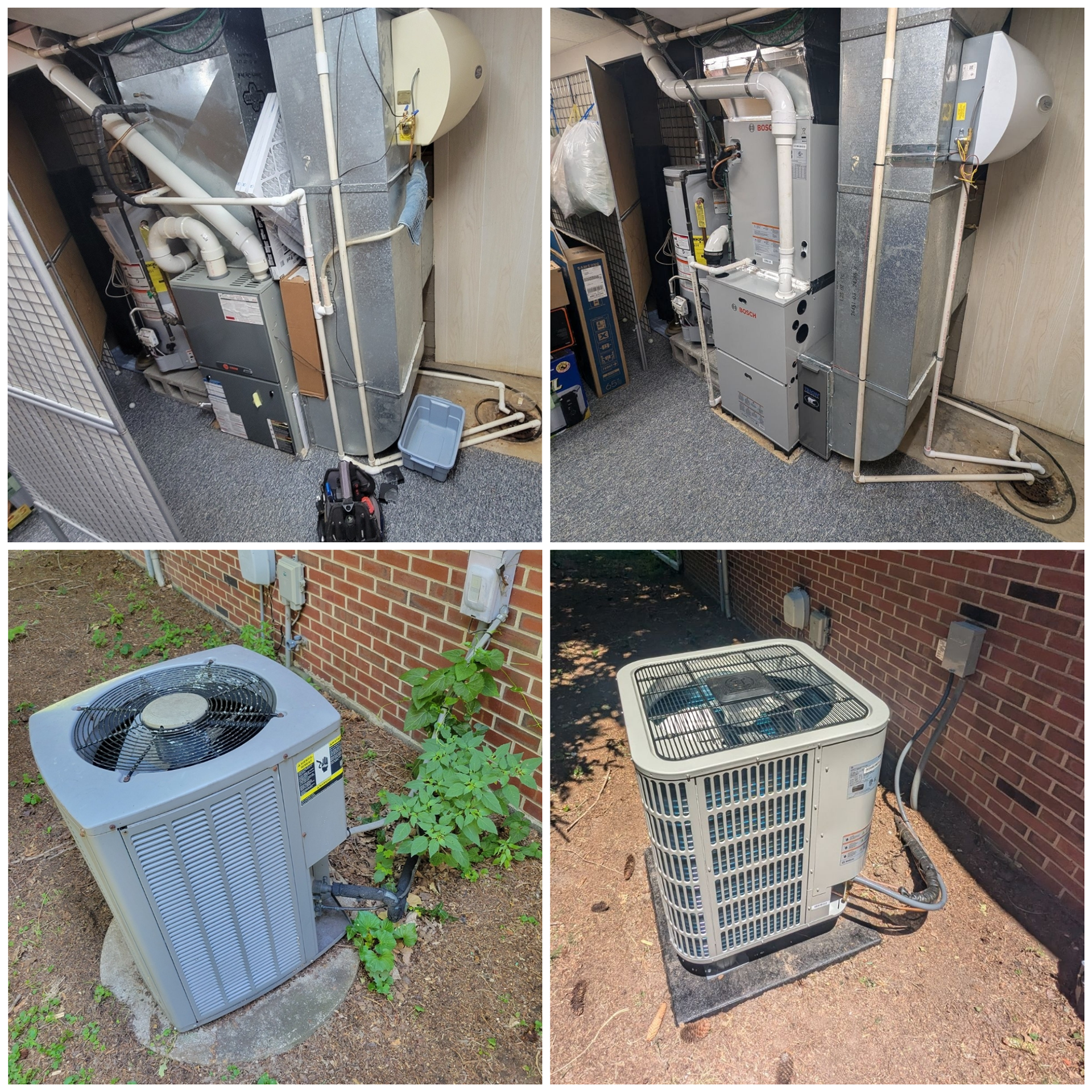 Four-panel image: HVAC indoor units in basement, outdoor condenser units next to brick walls.